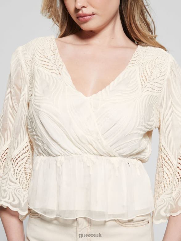 GUESS Women Pam Embroidered Top Cream White Apparel V28V6927