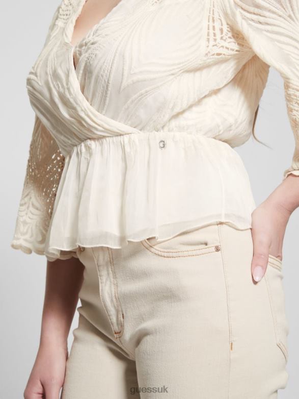 GUESS Women Pam Embroidered Top Cream White Apparel V28V6927