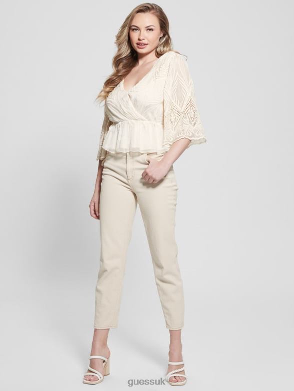GUESS Women Pam Embroidered Top Cream White Apparel V28V6927