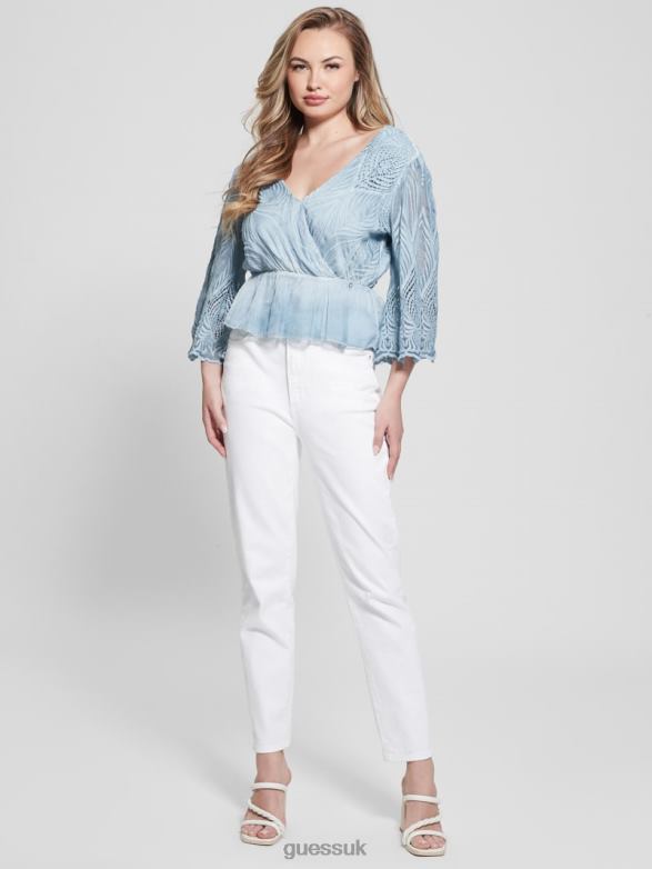 GUESS Women Pam Embroidered Top Vanish Blue Jeans Multi Apparel V28V61220