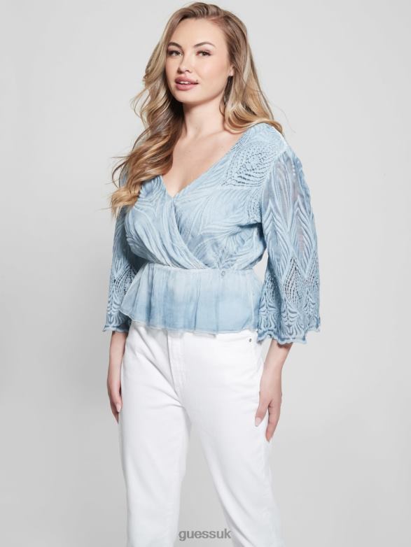 GUESS Women Pam Embroidered Top Vanish Blue Jeans Multi Apparel V28V61220