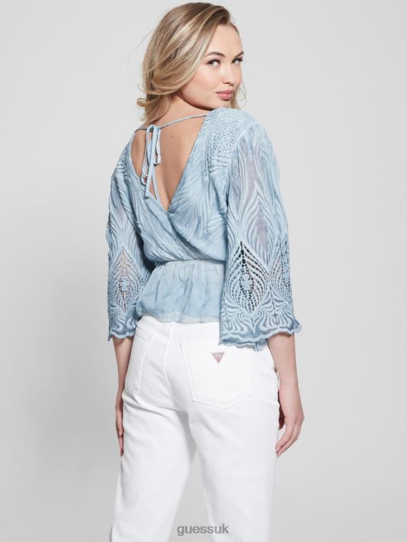 GUESS Women Pam Embroidered Top Vanish Blue Jeans Multi Apparel V28V61220