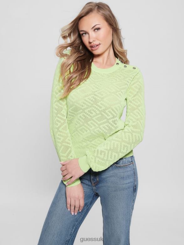GUESS Women Paula Allover Logo Long-Sleeve Top Honeydew Green Apparel V28V61204