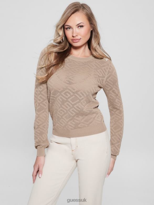 GUESS Women Paula Allover Logo Long-Sleeve Top Wet Sand Apparel V28V61072