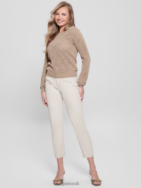 GUESS Women Paula Allover Logo Long-Sleeve Top Wet Sand Apparel V28V61072
