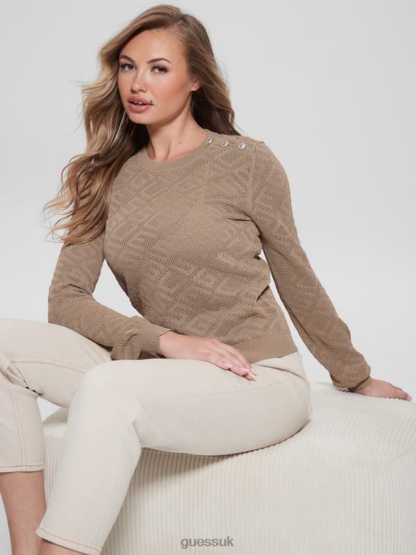 GUESS Women Paula Allover Logo Long-Sleeve Top Wet Sand Apparel V28V61072