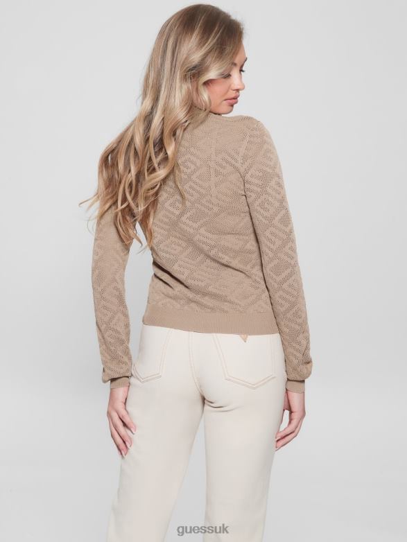 GUESS Women Paula Allover Logo Long-Sleeve Top Wet Sand Apparel V28V61072