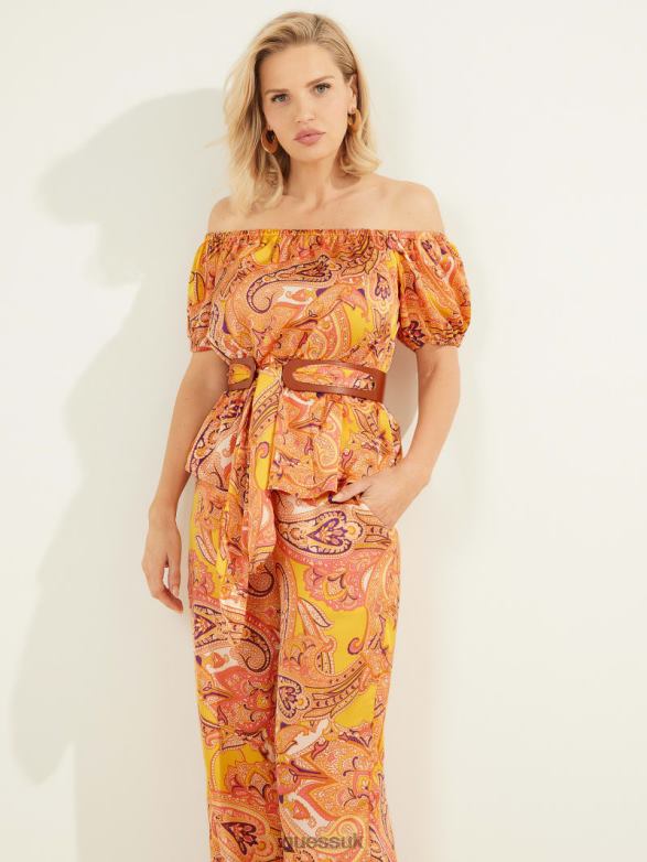 GUESS Women Penny Printed Off-the-Shoulder Top Cabo Paisley Apparel V28V61443