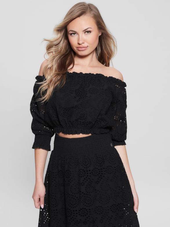 GUESS Women Rafa Eyelet Off-the-Shoulder Top Black Apparel V28V61146