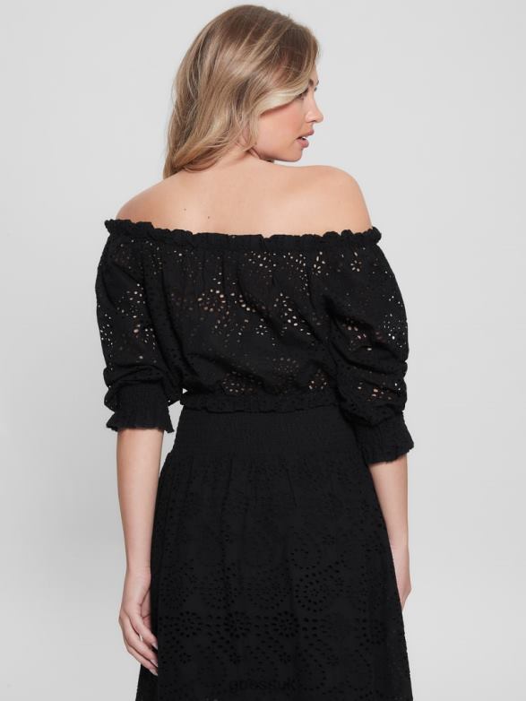 GUESS Women Rafa Eyelet Off-the-Shoulder Top Black Apparel V28V61146
