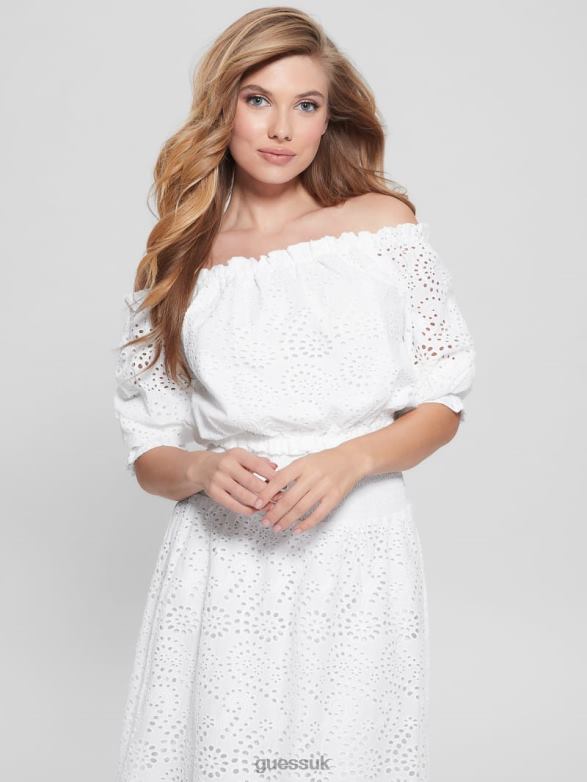 GUESS Women Rafa Eyelet Off-the-Shoulder Top Pure White Apparel V28V61158