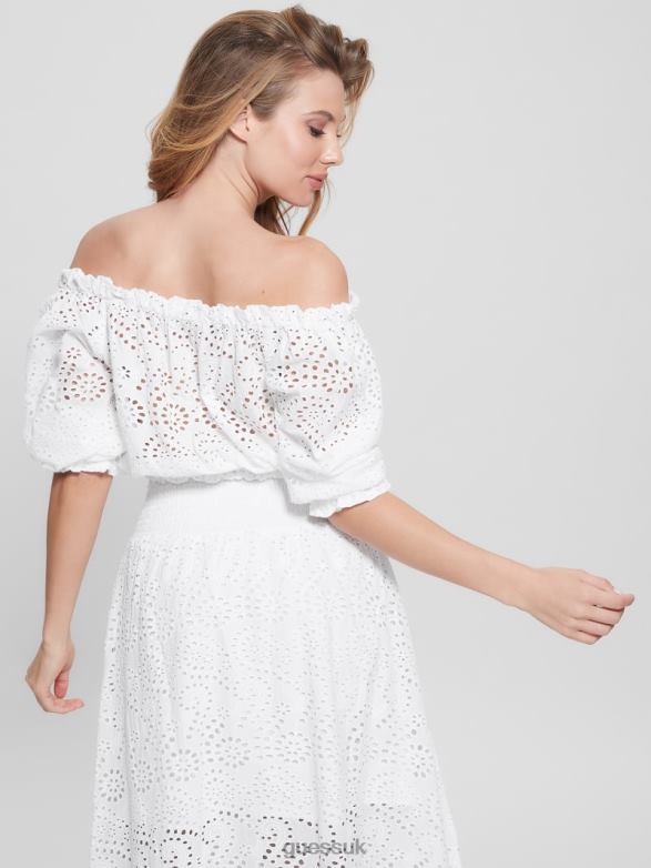 GUESS Women Rafa Eyelet Off-the-Shoulder Top Pure White Apparel V28V61158