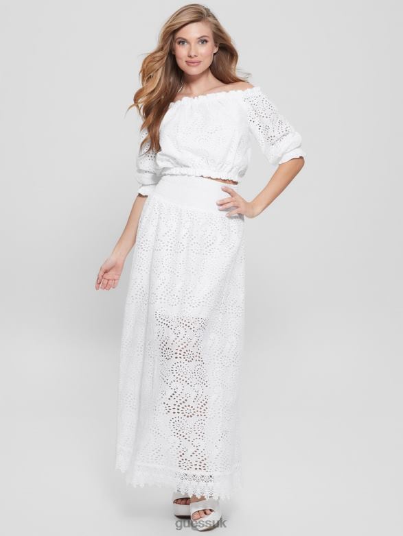 GUESS Women Rafa Eyelet Off-the-Shoulder Top Pure White Apparel V28V61158