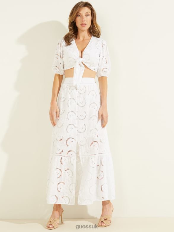 GUESS Women Silvia Eyelet Top Pure White Apparel V28V61589
