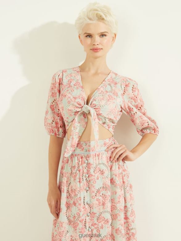 GUESS Women Silvia Eyelet Top Sunset Bloom Print Coral Apparel V28V61536