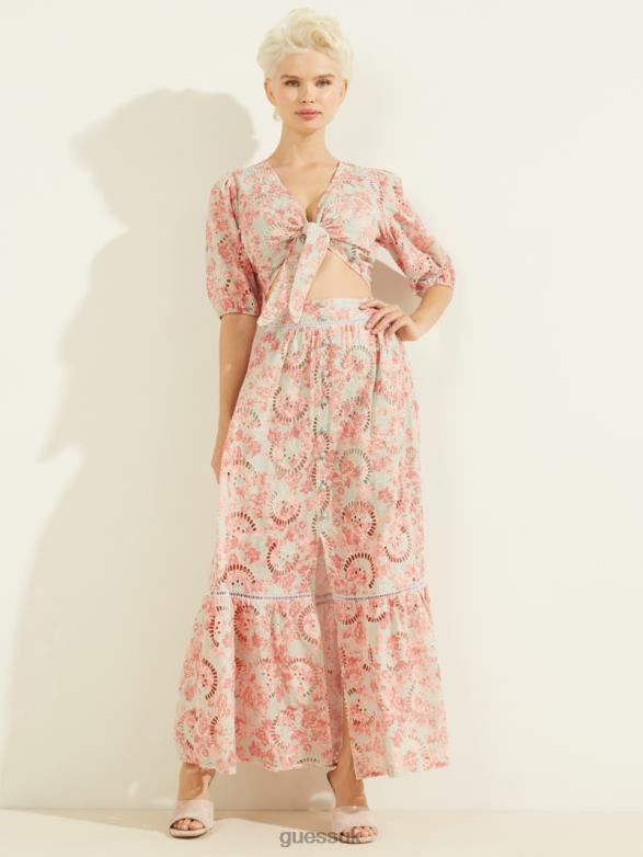 GUESS Women Silvia Eyelet Top Sunset Bloom Print Coral Apparel V28V61536