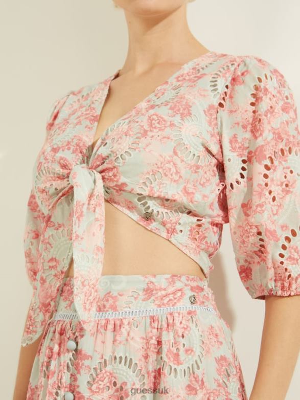 GUESS Women Silvia Eyelet Top Sunset Bloom Print Coral Apparel V28V61536
