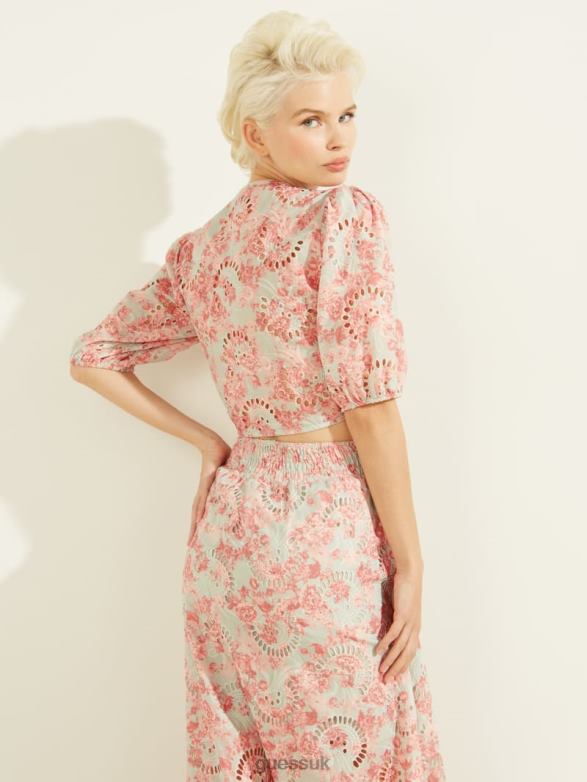 GUESS Women Silvia Eyelet Top Sunset Bloom Print Coral Apparel V28V61536