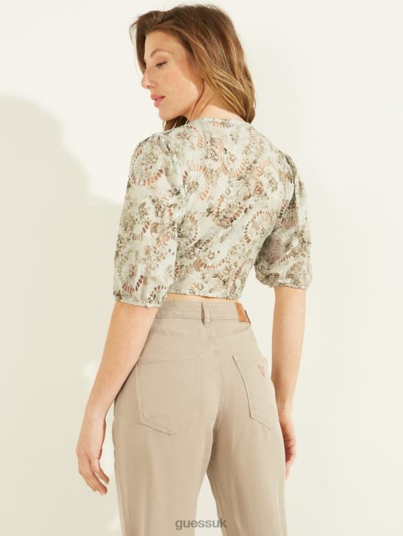 GUESS Women Silvia Eyelet Top Sunset Bloom Print Green Apparel V28V61282