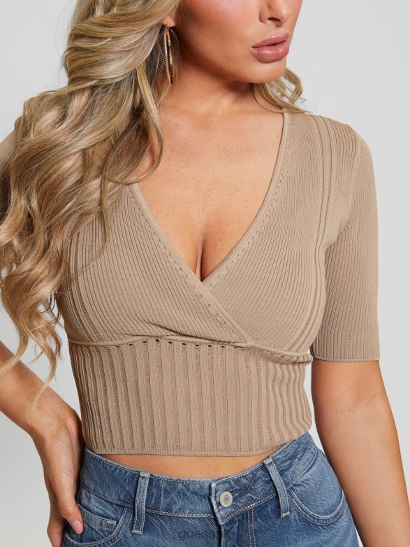GUESS Women Soft Bandage V-Neck Top Wet Sand Apparel V28V6938