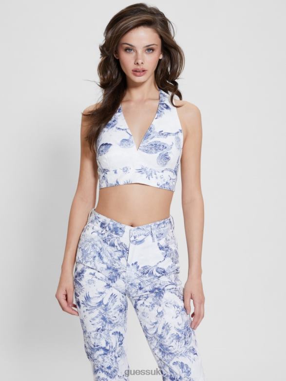 GUESS Women Thalia Floral Halter Crop Top Porcelain Flower Apparel V28V6107