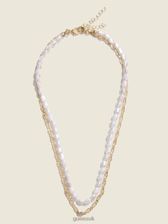 GUESS Women Freshwater Pearl Layered Necklace Silver/Gold Accessory V28V63862