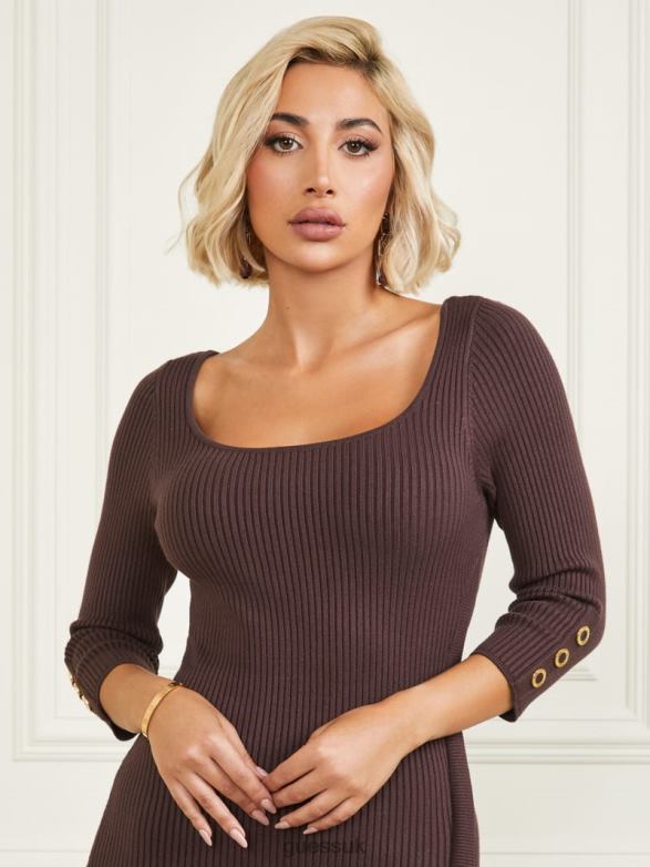 GUESS Women Eco Flora Ribbed Sweater Dress Dark Bourbon Apparel V28V6699