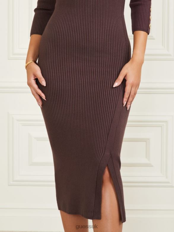 GUESS Women Eco Flora Ribbed Sweater Dress Dark Bourbon Apparel V28V6699