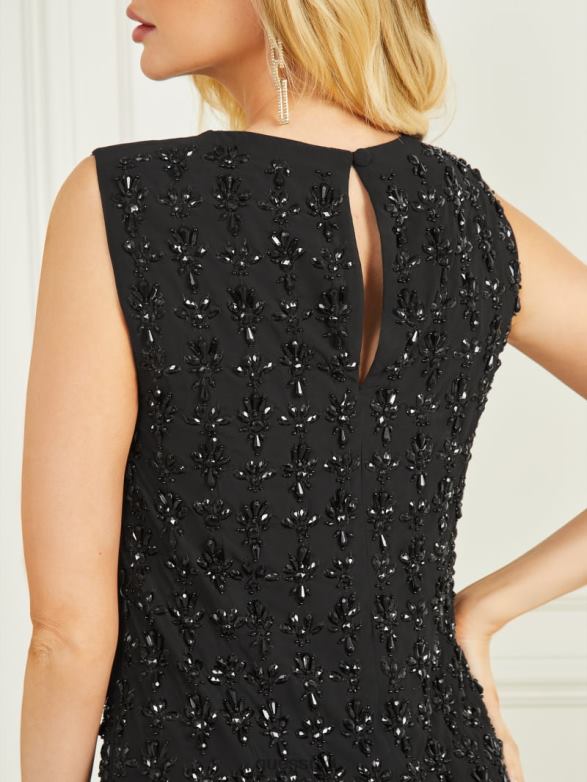GUESS Women Jeanie Beaded Dress Jet Black Multi Apparel V28V6649