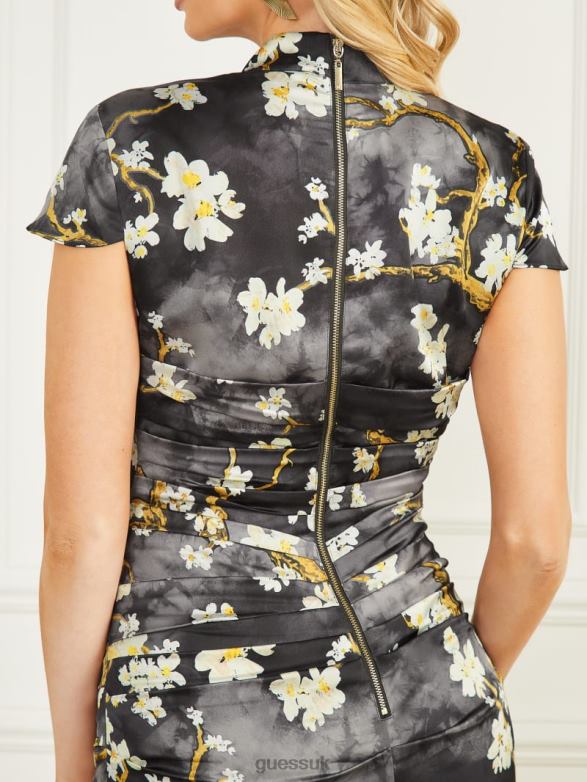 GUESS Women Krystal Blossom Satin Dress Blossom Black Cave Print Apparel V28V6772