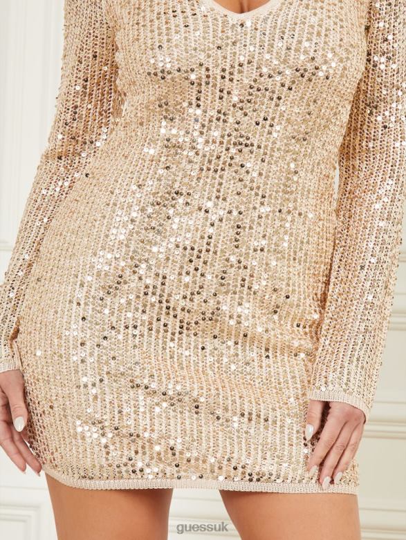GUESS Women Let It Sequin Sweater Dress Fawn Taupe Multi Apparel V28V6723