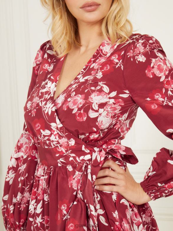 GUESS Women Petal Pose Wrap Dress Petal Pose Dark Jam Red Apparel V28V6691