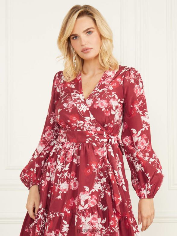 GUESS Women Petal Pose Wrap Dress Petal Pose Dark Jam Red Apparel V28V6691