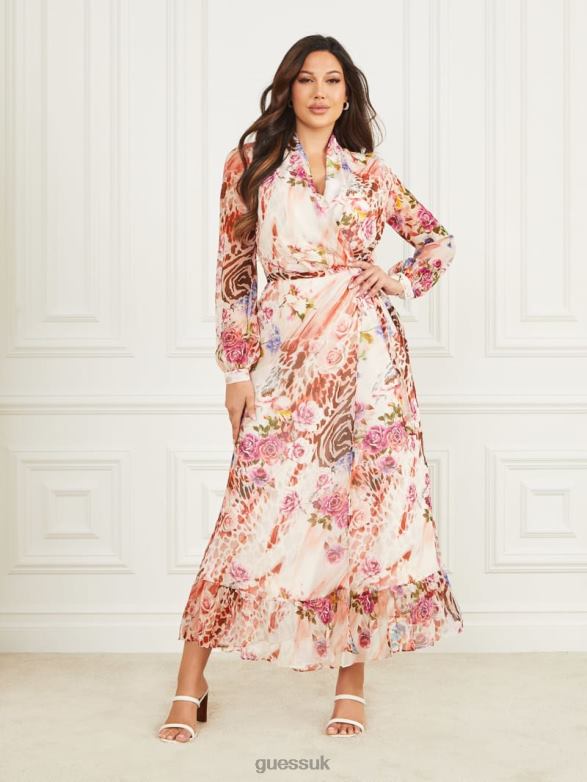 GUESS Women Rose Silk Wrap Dress Rose Shadow Print Apparel V28V6745