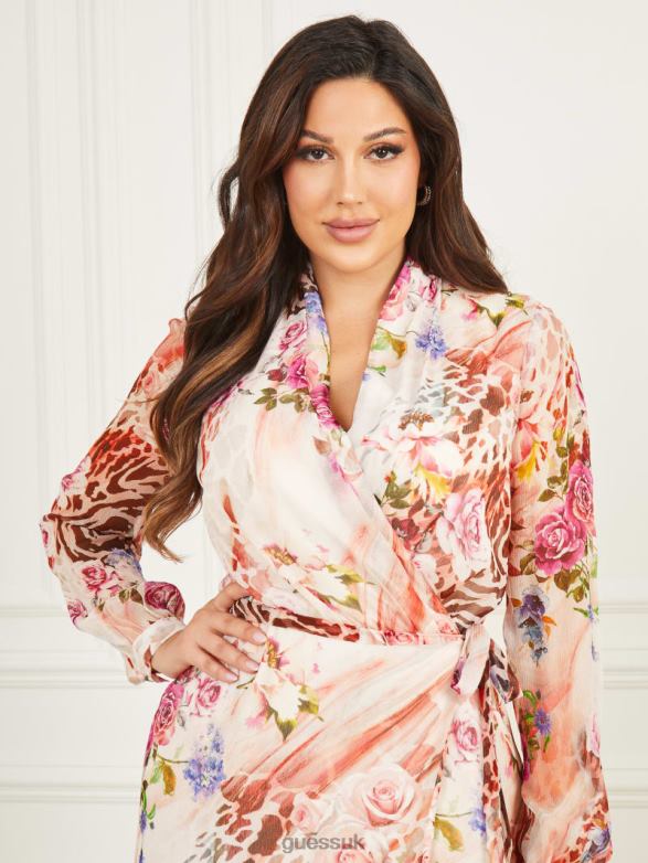GUESS Women Rose Silk Wrap Dress Rose Shadow Print Apparel V28V6745