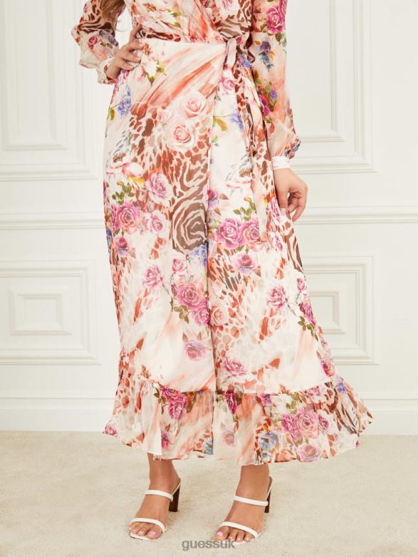 GUESS Women Rose Silk Wrap Dress Rose Shadow Print Apparel V28V6745