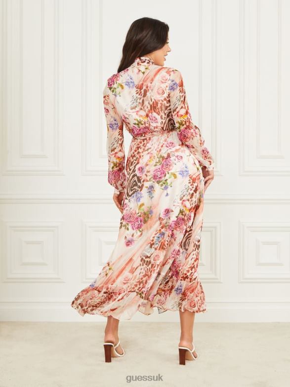GUESS Women Rose Silk Wrap Dress Rose Shadow Print Apparel V28V6745