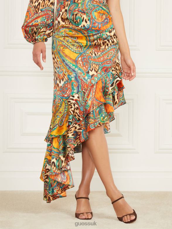 GUESS Women Tricia Ruffle Dress Phoenix Rising Print Apparel V28V6697
