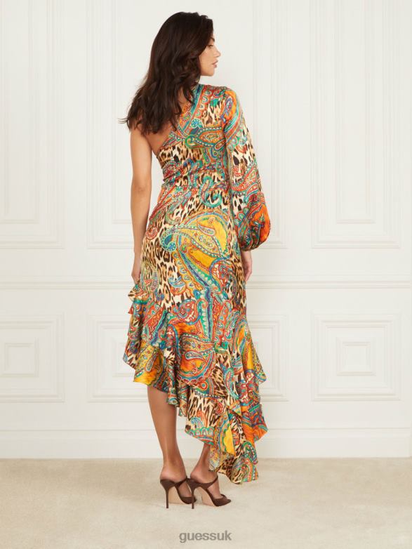 GUESS Women Tricia Ruffle Dress Phoenix Rising Print Apparel V28V6697