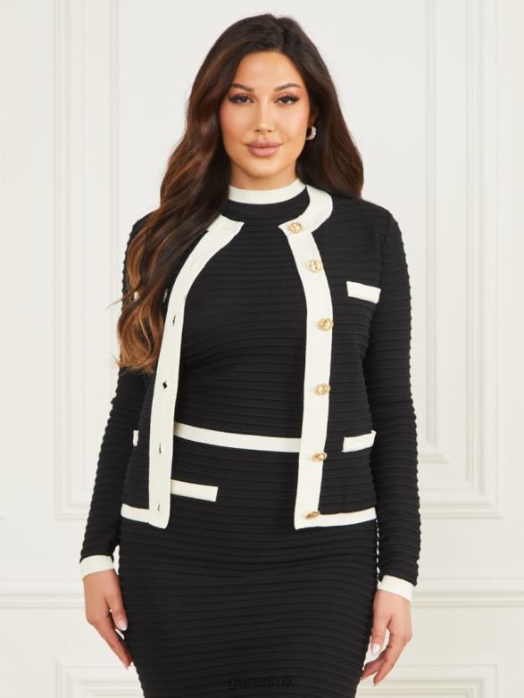GUESS Women Alba Embossed Striped Cardigan Black/Sandy Shore Apparel V28V61910