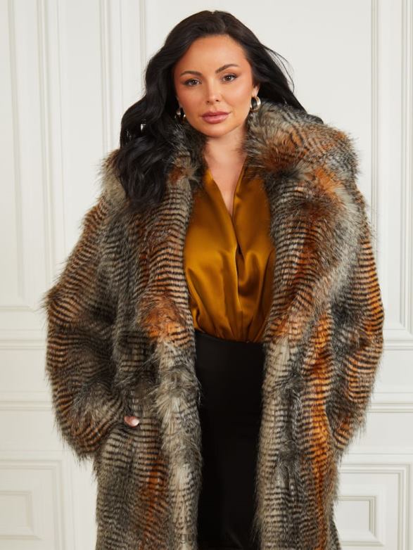 GUESS Women Alexandra Faux-Fur Coat Microstriped Fur Apparel V28V61860