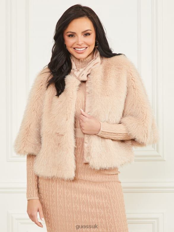 GUESS Women Amber Faux-Fur Top Pastel Pink With Silver L Apparel V28V61883