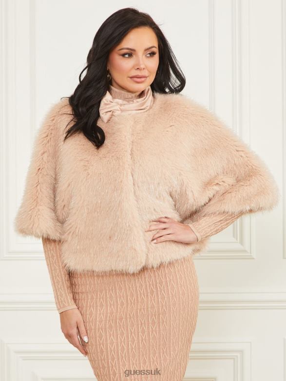 GUESS Women Amber Faux-Fur Top Pastel Pink With Silver L Apparel V28V61883