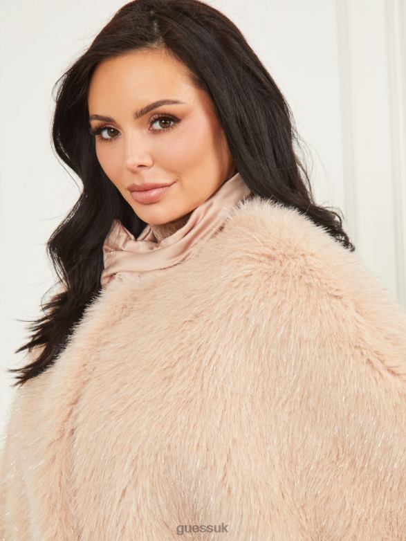 GUESS Women Amber Faux-Fur Top Pastel Pink With Silver L Apparel V28V61883