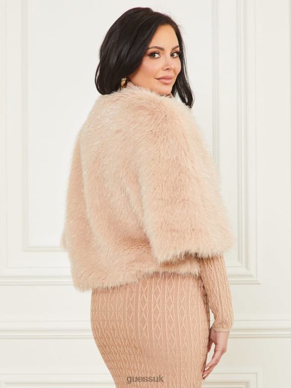 GUESS Women Amber Faux-Fur Top Pastel Pink With Silver L Apparel V28V61883