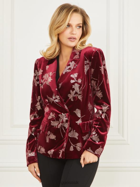 GUESS Women Angelica Velvet Blazer Purple Petal With Rose Go Apparel V28V61949