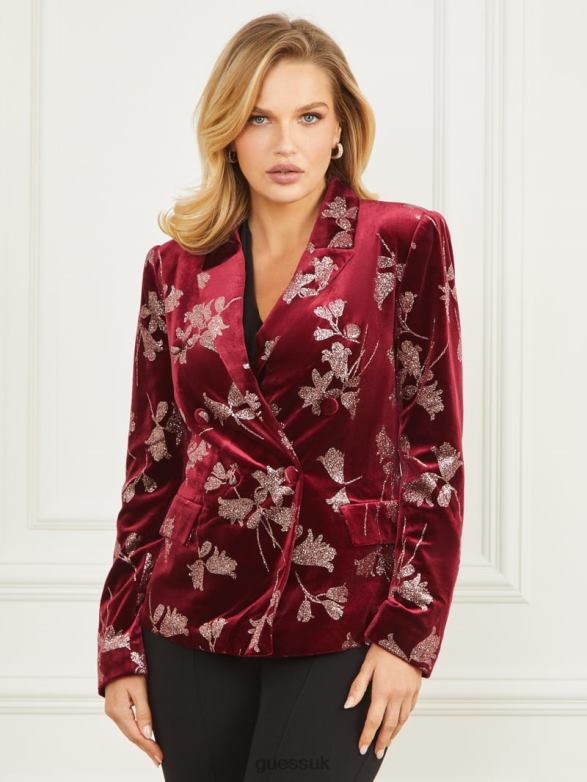 GUESS Women Angelica Velvet Blazer Purple Petal With Rose Go Apparel V28V61949