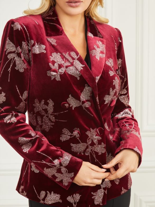 GUESS Women Angelica Velvet Blazer Purple Petal With Rose Go Apparel V28V61949