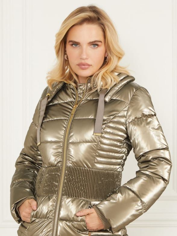 GUESS Women Annie Puffer Jacket Natural Siena Multi Apparel V28V61973