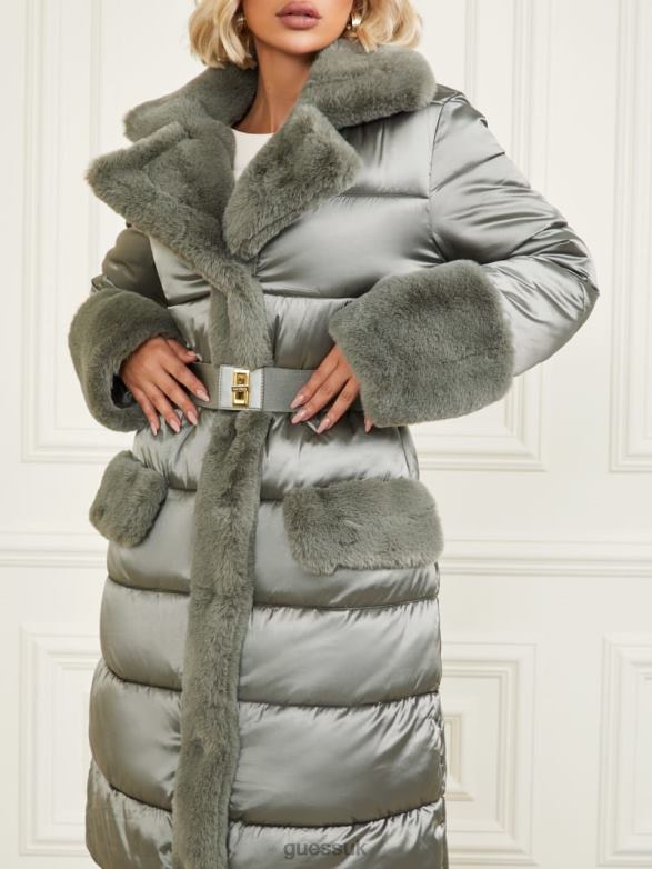 GUESS Women Bessie Long Puffer Coat General Brown Multi Apparel V28V61907